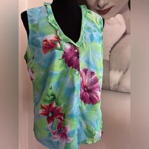 Rosettes Sheer Sleeveless Blouse M, Green, Red, multi colored